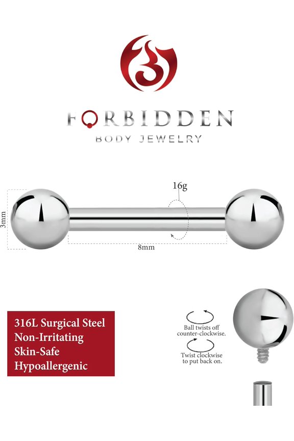 GHRTGR-14g-16g Internally Threaded Titanium Straight Barbell Body Piercing Jewelry (Sold Individually)