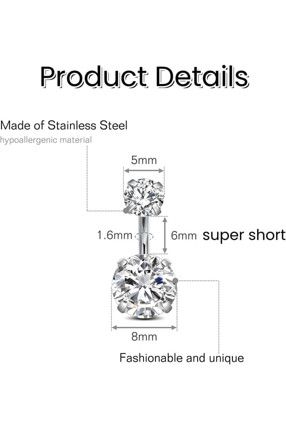 GHRTGR-14g Belly Button Rings Surgical Steel CZ Petite Navel Ring for Women Body Piercing Jewelry Petite select Barbell Len 6mm 8mm 10mm 12mm 14mm Silver