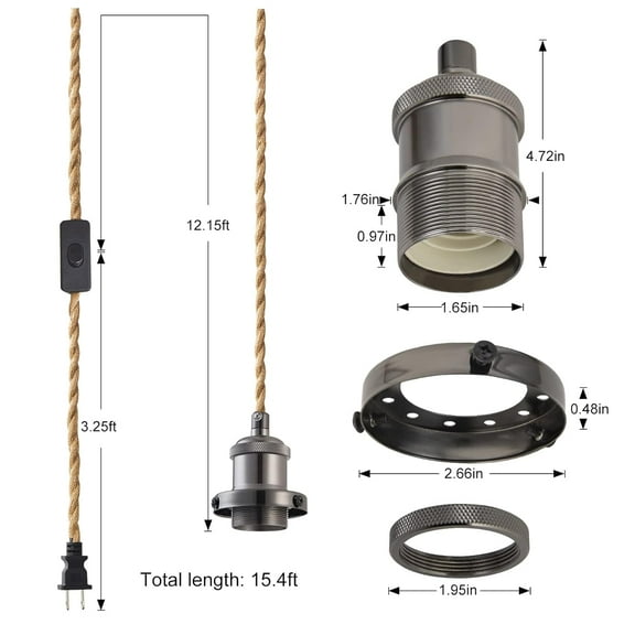 GHRTGR-15.4ft Pendant Light Cord Kit, Industrial Vintage Plug in E26 Socket Hanging Light with Switch, Hemp Rope Hanging Light Fixture for Pendant Lamp Farmhouse Lamp Cable DIY