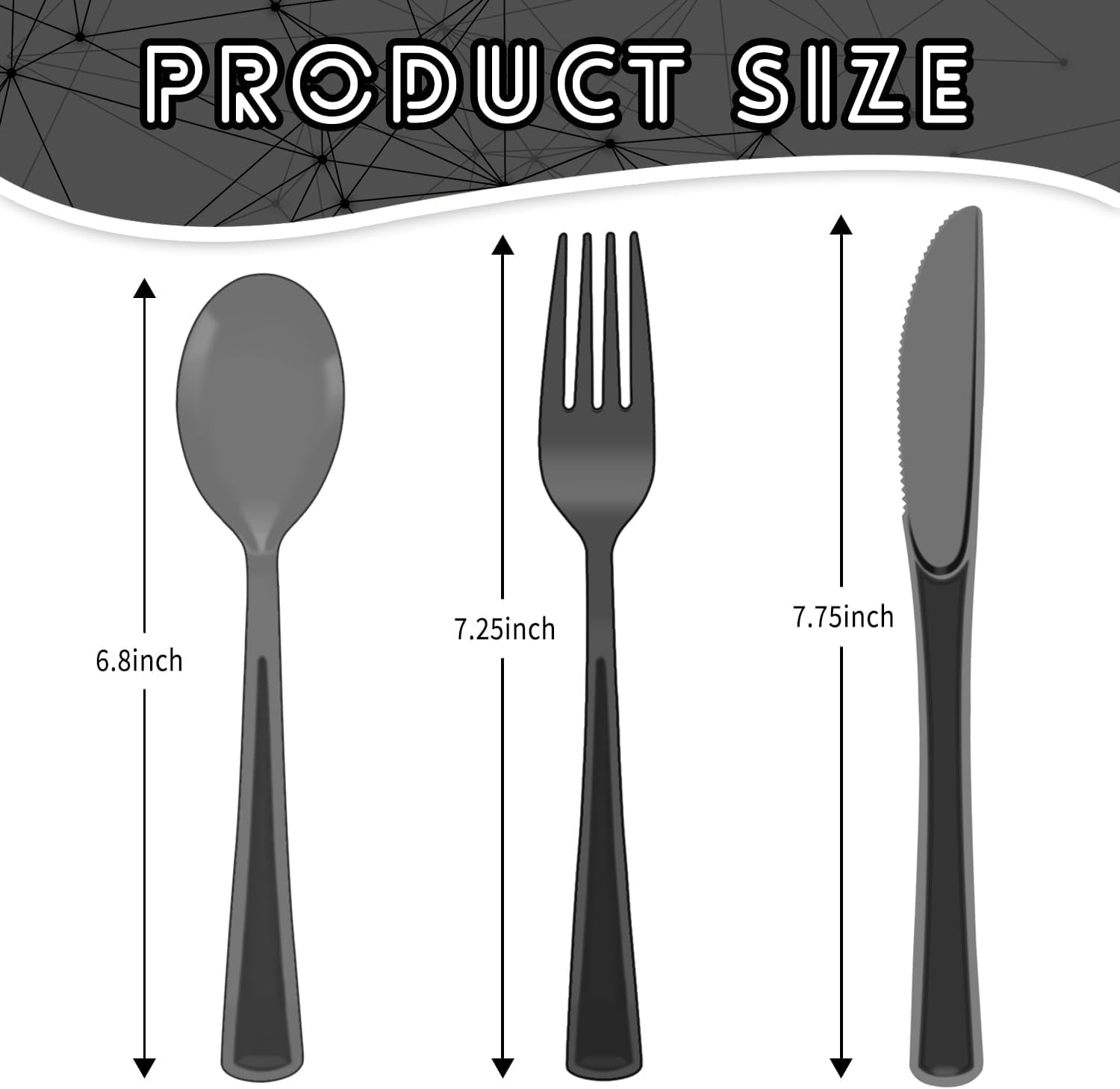 GHRTGR-150 Pack Plastic Silverware,Disposable Cutlery Set Heavy Duty Utensil Sets 50 Forks 50 Knives 50 Spoons for Brithday, Wedding,Home Office School Party Picnics (Black Clear)
