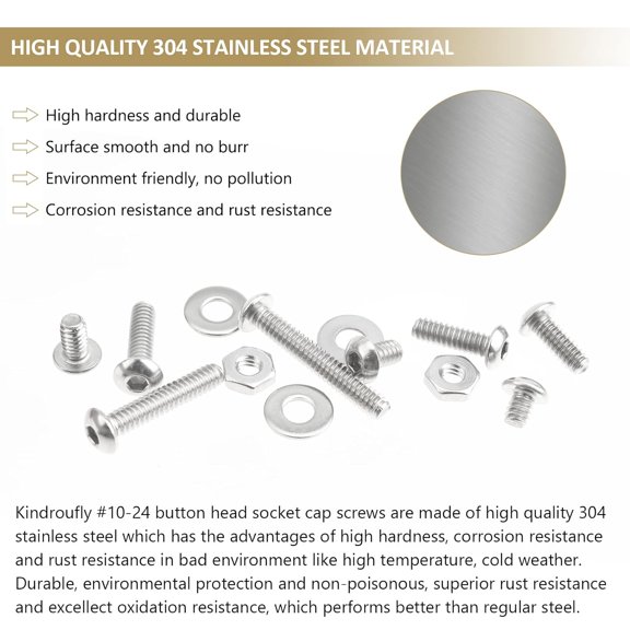 GHRTGR-152 Pieces #10-24 x 1/4", 5/16", 3/8", 1/2", 5/8", 3/4", 1", 1-1/4", Button Head Socket Cap Screws Nuts Washers Assortment Kit, 304 Stainless Steel, Fully Machine Thread