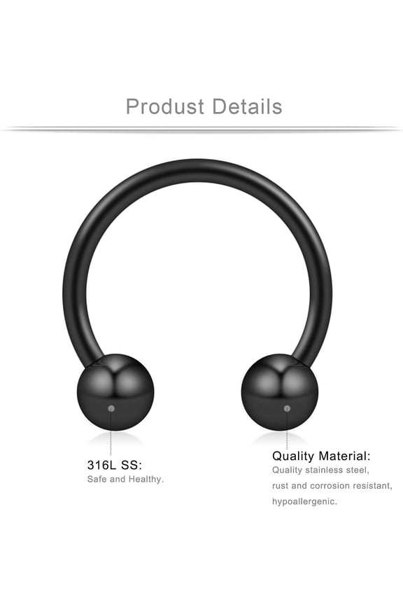 GHRTGR-16-24PCS 16G Surgical Steel Horseshoe & Captive Bead Nose Hoop Septum Earring Eyebrow Tongue Lip Nipple Helix Tragus Piercing Jewelry Rings 6-16mm
