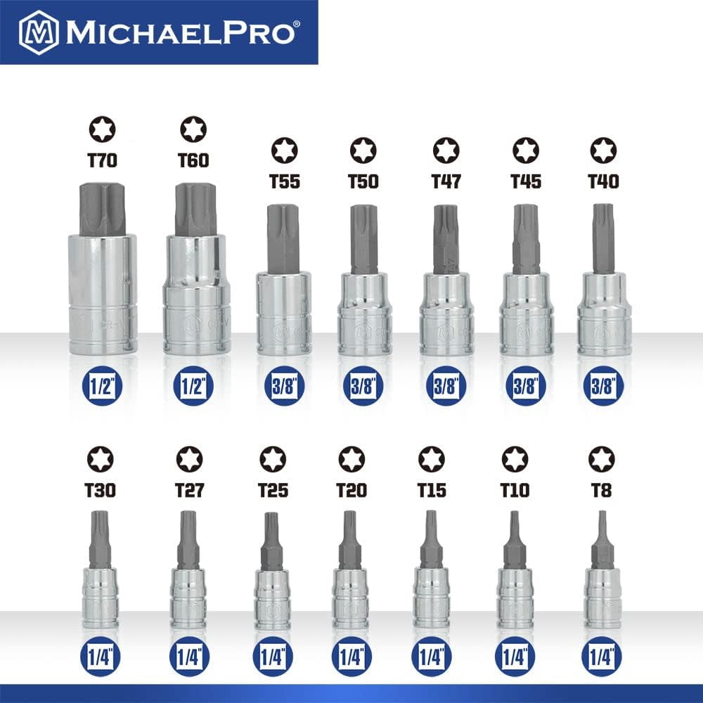 GHRTGR-16-Piece Torx Bit Socket Set with Rail, 1/4'', 3/8'' and 1/2 ...