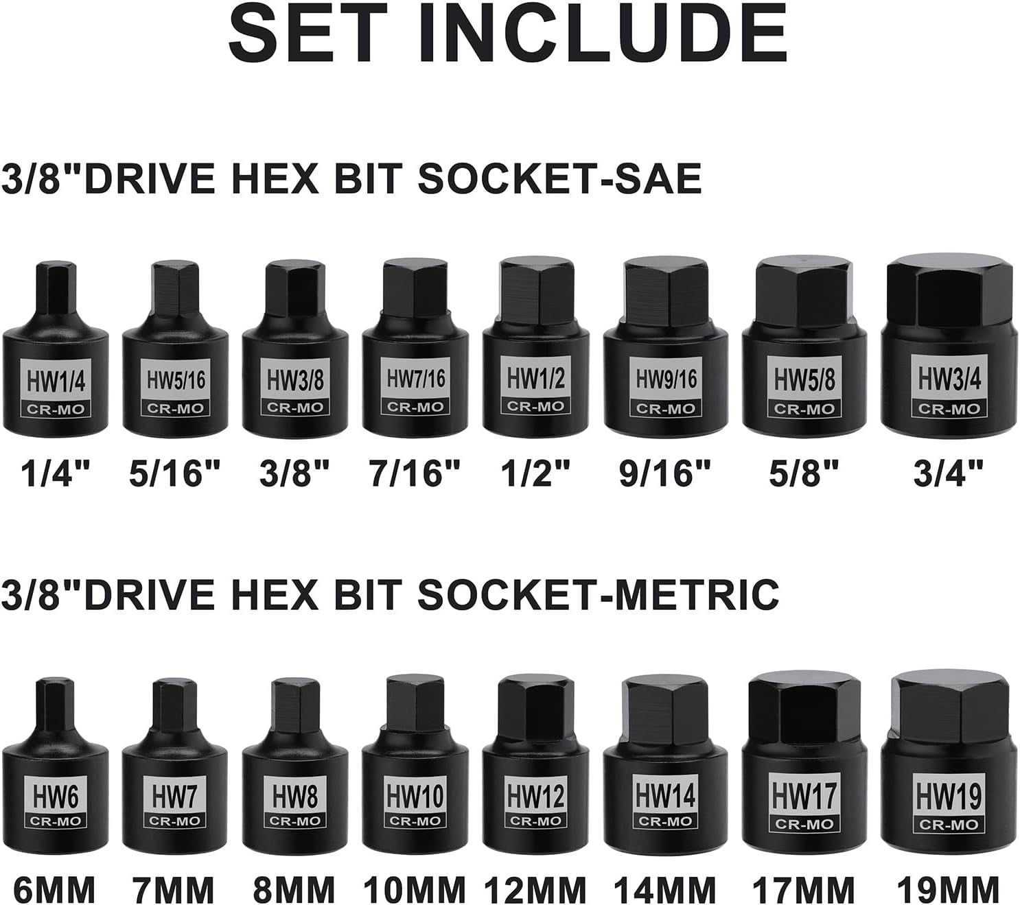 GHRTGR-16 Pieces 3/8" Drive Low Profile Hex Socket Set, Impact Allen ...