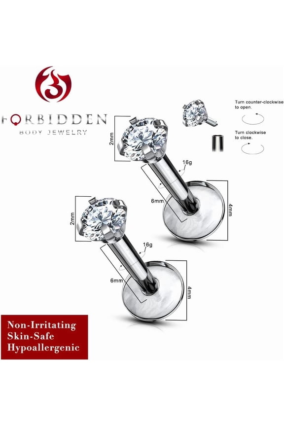 GHRTGR-16 g Titanium Internally Threaded Tragus Piercing Jewelry CZ Top Flat Back Piercing Nose Studs Earring, Helix, Cartilage, Labret, Monroe for Women or Men