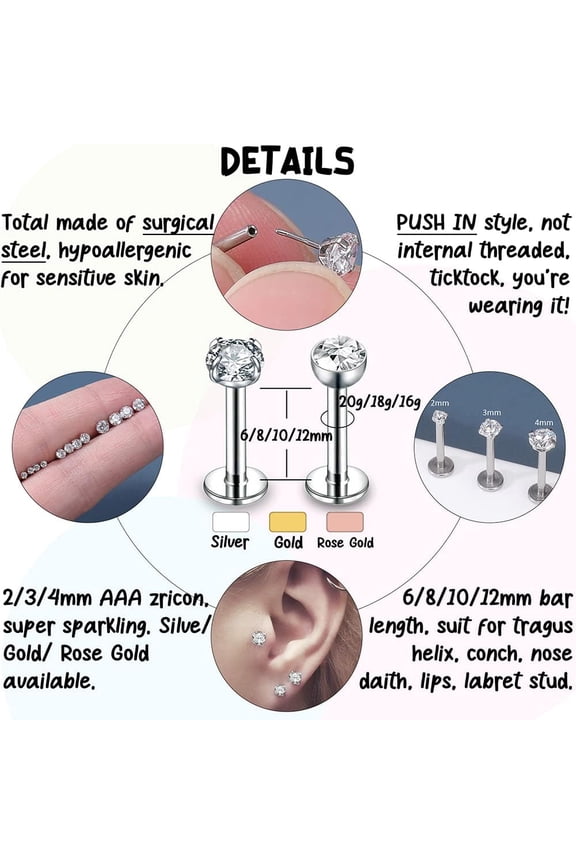 GHRTGR-16g/18g/20g Threadless Lip Rings Tragus Earrings Surgical Steel Helix Conch Cartilage Earrings Monroe Piercing Jewelry for Women Men Labret Studs