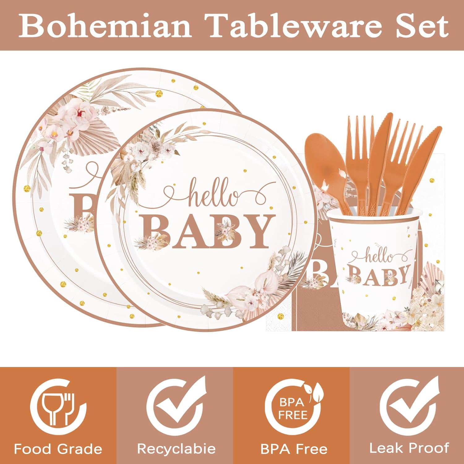 GHRTGR-175Pcs Boho Baby Shower Party Plates and Napkins Tableware