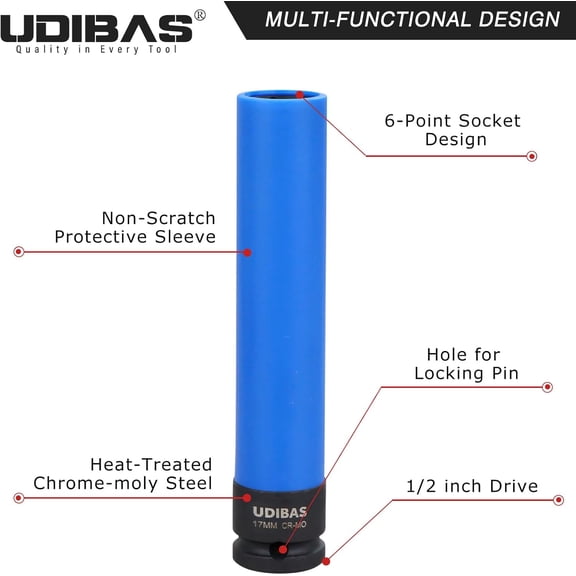 GHRTGR-17mm 1/2-Inch Drive Extra Long Impact Lug Nut Socket,Deep,Metric,with Protective Sleeves and High-Strength,Non-Marring CR-MO Material