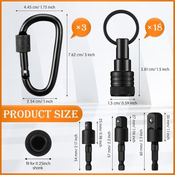 GHRTGR-18 Pcs Bit Holder Keychains, 3 Pcs 1/4 3/8 1/2" Socket Drill Nut Bit Holders Portable Hex Shank Screwdrivers Adapters and Locks 24 Gadgets for Tools Improvement Men Workers Gifts(Black)