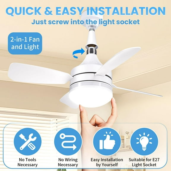 GHRTGR-19" Socket Fan Light Original, Screw Ceiling Fan Light with Remote, 4 Speeds, Reversible,3 Colors 3000K-6500K Dimmable 1800 Lumens, Small Fan Light Bulb, for Bedroom Living Room