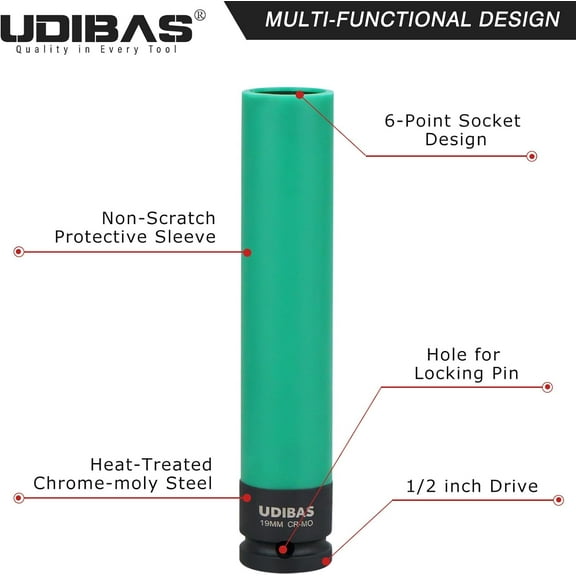 GHRTGR-19mm 1/2-Inch Drive Extra Long Impact Lug Nut Socket,Deep,Metric,with Protective Sleeves and High-Strength,Non-Marring CR-MO Material