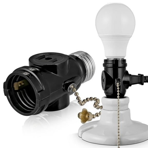GHRTGR-2 Outlet Light Socket Adapter,E26 Bulb Socket to Outlet Splitter,Converts Medium Screw Socket into a Socket with Two outlets,Polarized Outlet,with Pull Chain Switch. UL Listed, Black (3-Pack)