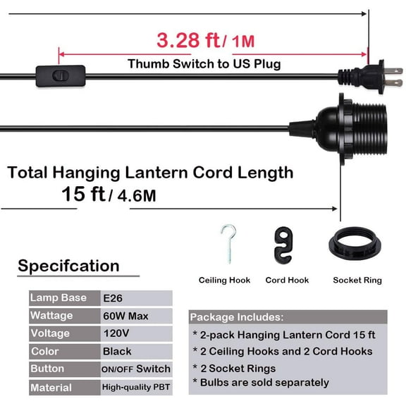 GHRTGR-2-Pack 15 Feet Plug in Pendant Light, Black Extension Hanging Lantern Cord Cable with in-Line On/Off Switch, E26 E27 Socket