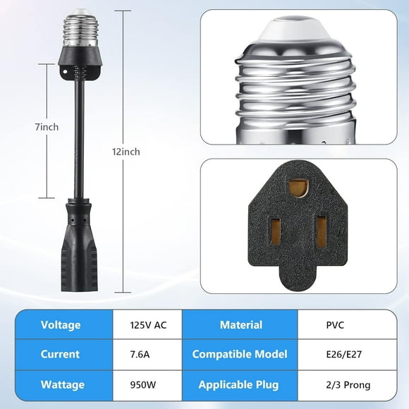 GHRTGR-2 Pack 3 Outlet Light Socket Adapter, Convert E26/E27 Bulb Socket to 3 Prong Outlet with Extension Cord, Light Bulb Plug Adapter Converter Suitable for Outdoor Porch Garage Patio Use (Black)