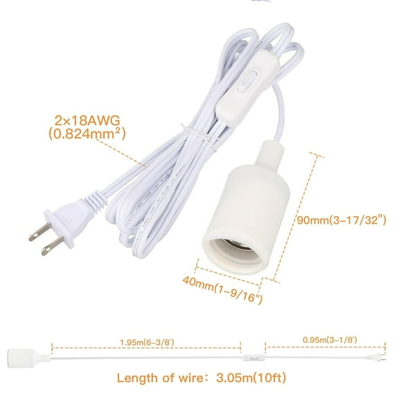 GHRTGR-2 Pack Pendant Light Cord Socket, 10ft E26 Hanging Lamp Socket with ON Off Switch, E27 Base White Lantern Extension Cord Cable Lights Bulb Socket with Plug Lamp Fixture Ceiling Lighting Kit