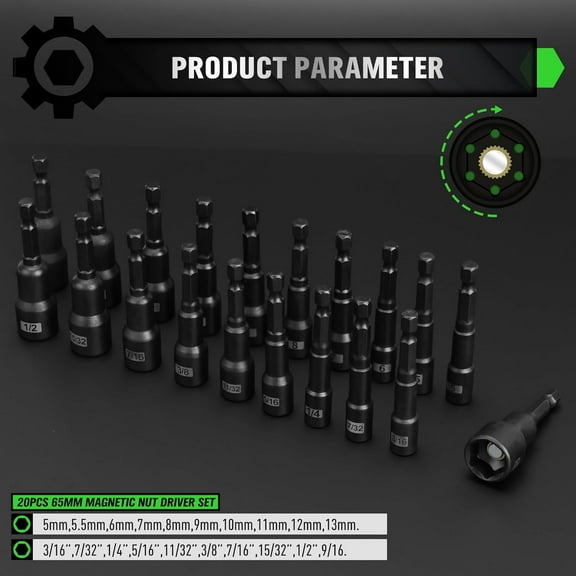 DASAW-20-Piece Magnetic Nut Driver Set, Metric & SAE 1/4" Hex Shank, Drill Socket Set, Impact Driver Bit Set, Magnetic Bit Holder with Aluminum Alloy Snap Clip, 65mm Long Hex Bit, Quick Change Tool