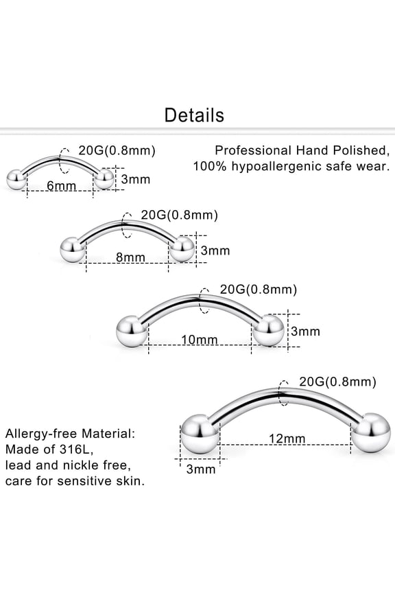 GHRTGR-20G 16G Eyebrow Piercing Jewelry Stainless Steel Vertical Labret Lip Jewelry Curved Barbell Rook Piercing Jewelry Small Belly Button Ring for Women Men