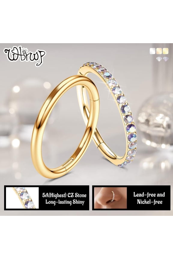 GHRTGR-20G 18G 16G 14G Septum Rings Hoop: 2Pcs 316L Surgical Steel 8MM 10MM Cartilage Earring Hypoallergenic Hinged Nose Hoops Daith Conch Helix Tragus Piercing Jewelry