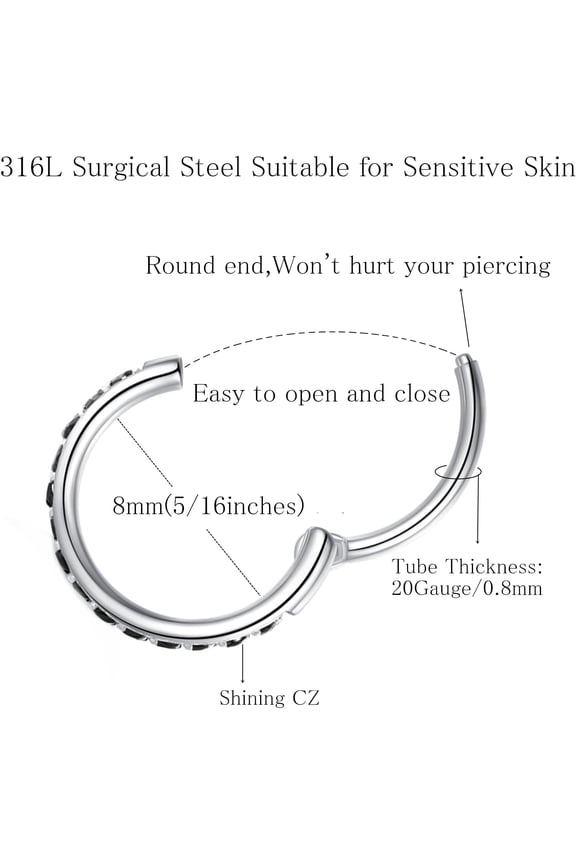GHRTGR-20G 18G 16G Clear CZ Nose Ring Hoop 316L Surgical Steel Seamless Silver Septum Ring Clicker Jewelry Cartilage Earring Ear Piercing Hoop Earrings for Women Men Helix Rook Lobe Conch Tragus Dait