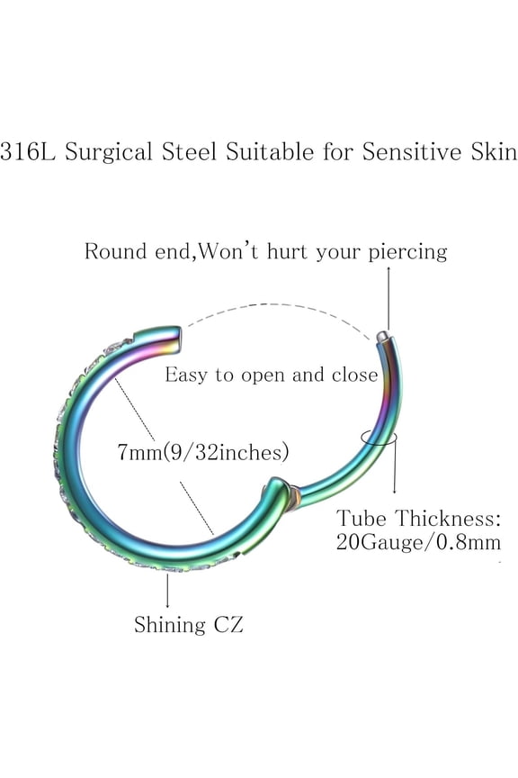 GHRTGR-20G 18G 16G Clear CZ Nose Ring Hoop 316L Surgical Steel Seamless Silver Septum Ring Clicker Jewelry Cartilage Earring Ear Piercing Hoop Earrings for Women Men Helix Rook Lobe Conch Tragus Dait