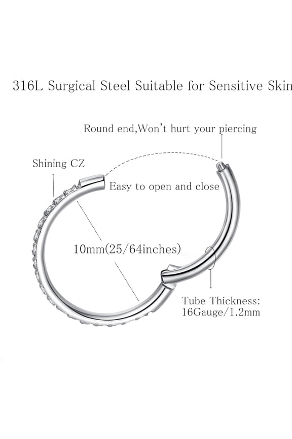 GHRTGR-20G 18G 16G Clear CZ Nose Ring Hoop 316L Surgical Steel Seamless Silver Septum Ring Clicker Jewelry Cartilage Earring Ear Piercing Hoop Earrings for Women Men Helix Rook Lobe Conch Tragus Dait