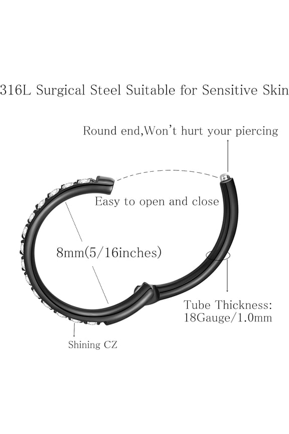GHRTGR-20G 18G 16G Clear CZ Nose Ring Hoop 316L Surgical Steel Seamless Silver Septum Ring Clicker Jewelry Cartilage Earring Ear Piercing Hoop Earrings for Women Men Helix Rook Lobe Conch Tragus Dait