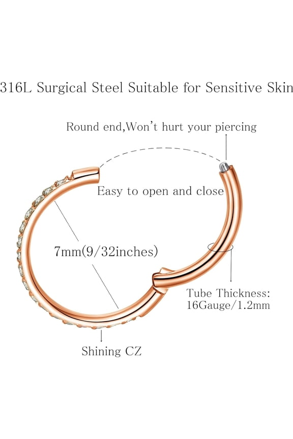 GHRTGR-20G 18G 16G Clear CZ Nose Ring Hoop 316L Surgical Steel Seamless Silver Septum Ring Clicker Jewelry Cartilage Earring Ear Piercing Hoop Earrings for Women Men Helix Rook Lobe Conch Tragus Dait