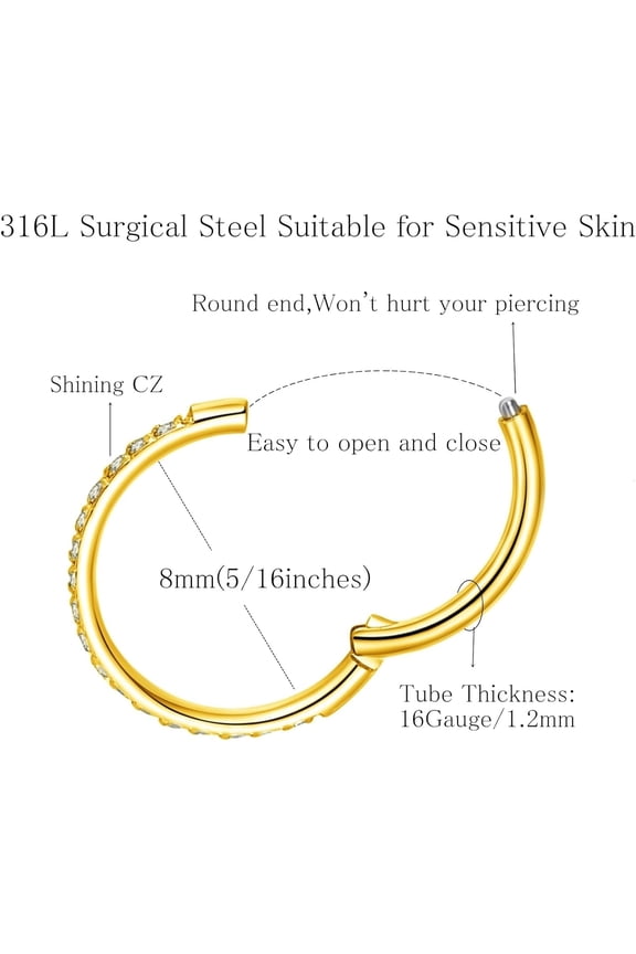 GHRTGR-20G 18G 16G Clear CZ Nose Ring Hoop 316L Surgical Steel Seamless Silver Septum Ring Clicker Jewelry Cartilage Earring Ear Piercing Hoop Earrings for Women Men Helix Rook Lobe Conch Tragus Dait