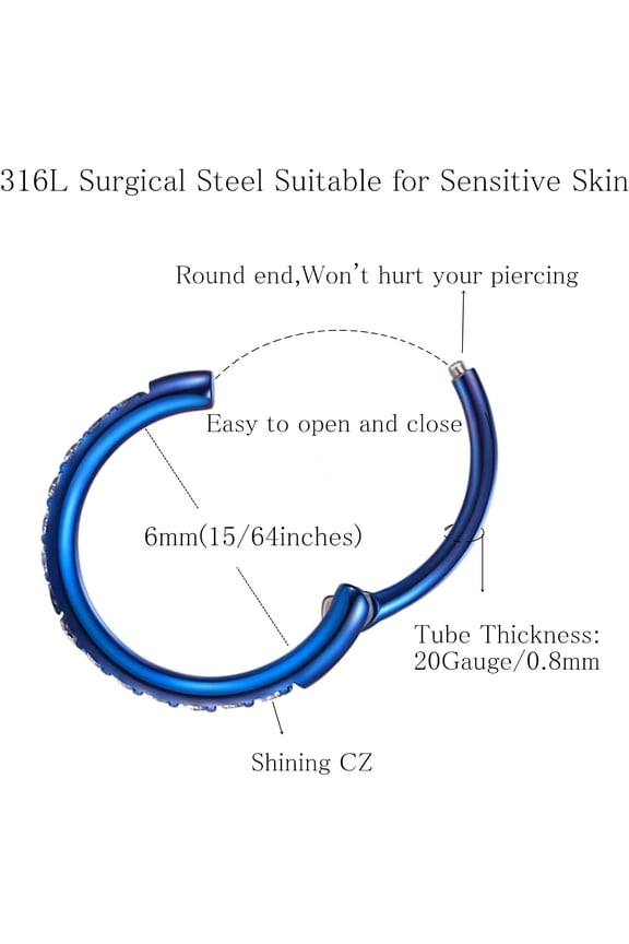 GHRTGR-20G 18G 16G Clear CZ Nose Ring Hoop 316L Surgical Steel Seamless Silver Septum Ring Clicker Jewelry Cartilage Earring Ear Piercing Hoop Earrings for Women Men Helix Rook Lobe Conch Tragus Dait