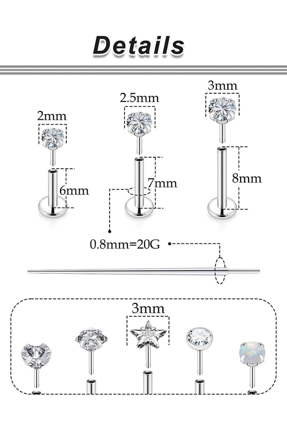 GHRTGR-20G 18G 16G Push in Theadless Nose Rings Studs Hypoallergenic Lip Labret Jewelry Flat Back Nose Stud Stainless Steel Cartilage Helix Tragus Earrings for Women Men 6mm 7mm 8mm Bars Diamond 3mm
