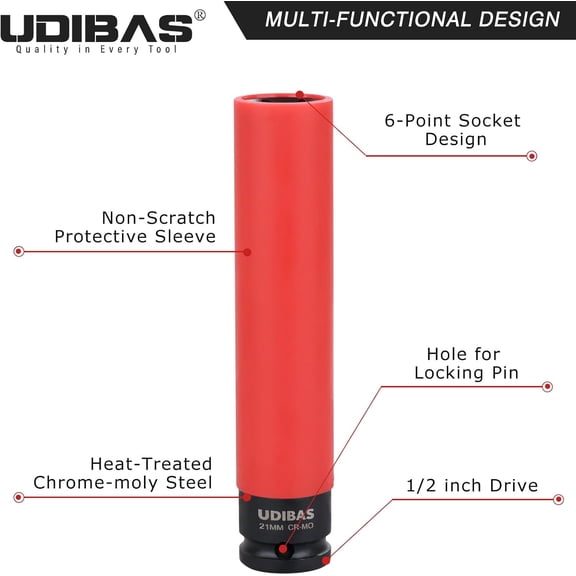 GHRTGR-21mm 1/2-Inch Drive Extra Long Impact Lug Nut Socket,Deep,Metric,with Protective Sleeves and High-Strength,Non-Marring CR-MO Material