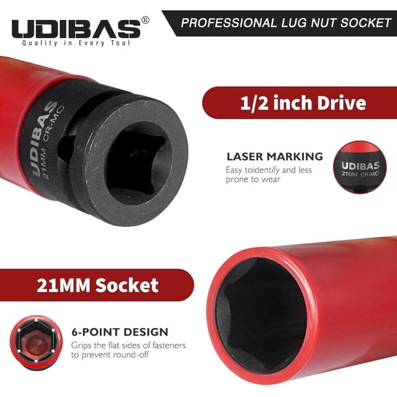 GHRTGR-21mm 1/2-Inch Drive Impact Lug Nut Socket,Deep,Metric,with Protective Sleeves and High-Strength,Non-Marring CR-MO Material