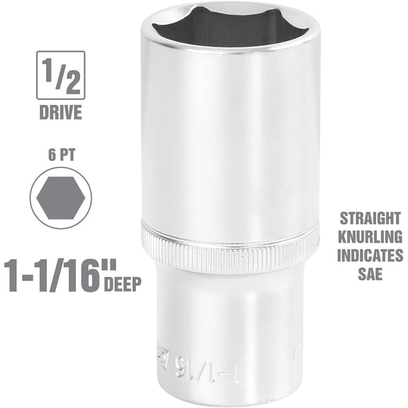 GHRTGR-22429 1/2-Inch Drive 1-1/16 Inch SAE Deep Socket, Rust Resistant, Installs & Removes Recessed Nuts & Bolts