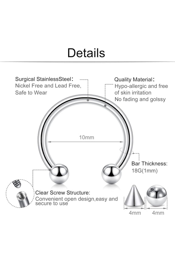 GHRTGR-22G 20G 18G 16G 14G 12G 10G 8G 6G 4G 2G 0G 00G Surgical Steel Nose Septum Horseshoe Hoop Eyebrow Lip Navel Belly Nipple Piercing Ring Helix Tragus Daith Rook Captive Earrings Replacement Spike