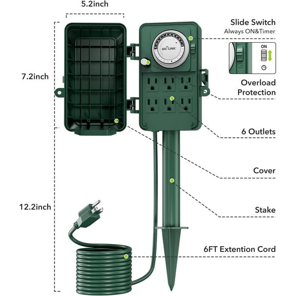 GHRTGR-24 Hour Mechanical Outdoor Multi Socket 6 Outlet Garden Power Stake with 6ft Cords, Outdoor Timer for Christmas Lights, ETL Listed, 125V, 15A/1875W