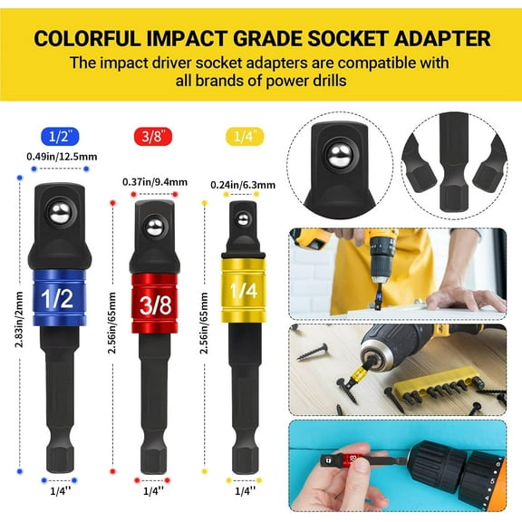 GHRTGR-24pcs Flexible Drill Bit Extension Set, Hex Shank 105 Right Angle Attachmen, Rotatable Joint Socket 1/4 3/8 1/2 In Adapter Bendable Drill-Bit-Extension Screwdriver Kit (Black)