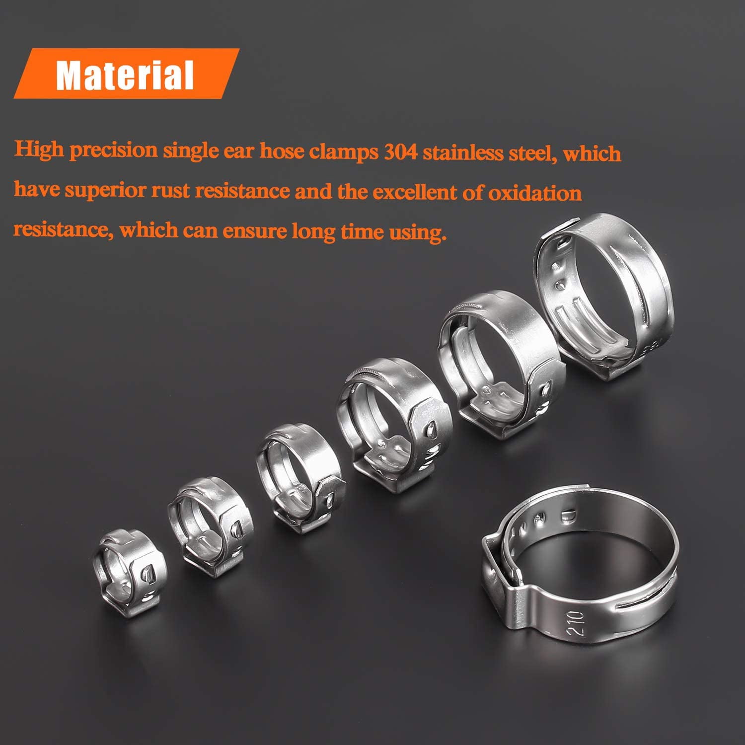 MISPIRE 100-Pack 10.3-12.8mm Single Ear Hose Clamps – 304 Stainless Steel Crimp Clamps, Stepless Design For Fuel Lines, Water Pipes & Appliances