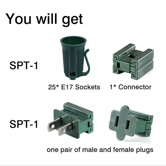 GHRTGR-25PCS C9 E17 Replacement Bulb Sockets & 1PC Vampire Plugs & 1 Wire Connector, C9 Green Light Socket SPT-1 Christmas String Light Replacement Lamp Holder(E17, Green, SPT-1)