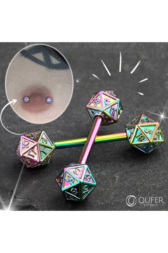 GHRTGR-2PCS Icosahedron Dice Nipple Rings, 14G 316L Surgical Steel Nipple Barbells, Nipple Jewelry for Women