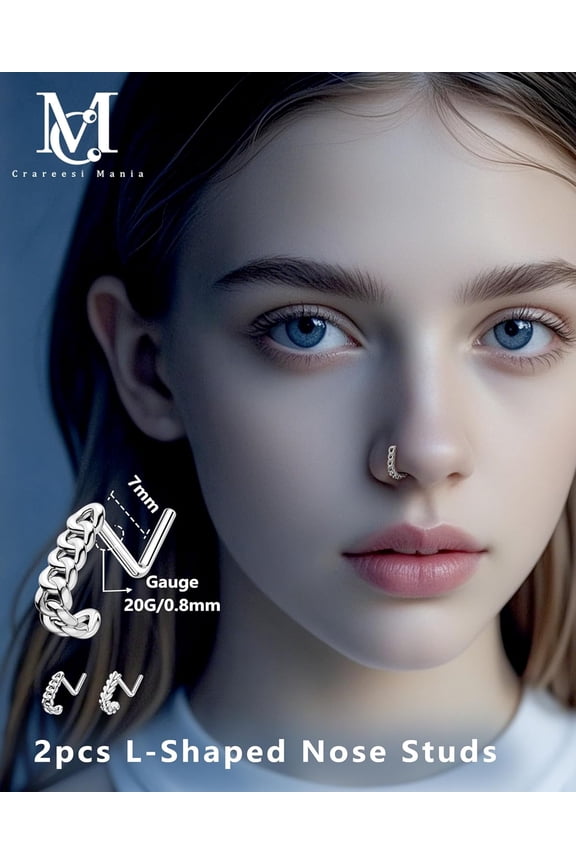 GHRTGR-2PCS Nose Studs Pack 316L Stainless Steel Chain Nose Piercing Jewelry 20G L-Shaped Stainless Steel Nose Rings Studs for Women