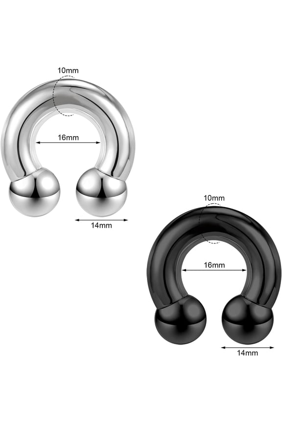 GHRTGR-2Pcs Horseshoe Earrings Circular Barbell 316L Surgical Steel Internally Threaded 00G 0G 2G 4G 6G 8G 12G Earrings Septum Rings Pierced Body Jewelry for Women PA Ring 12mm 16mm 19mm Black Silver