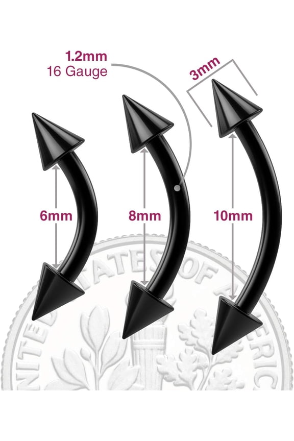 GHRTGR-2pc 16g Black Vertical Labret Curved Barbell Earrings Lip Spike Stainless Steel Eyebrow Daith