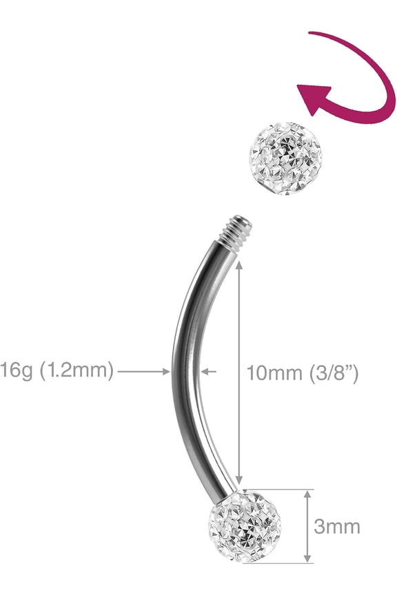 GHRTGR-2pc 16g Curved Barbell 10mm Crystal Nipple Ring Cartilage Rook Daith Eyebrow Helix CZ Gems