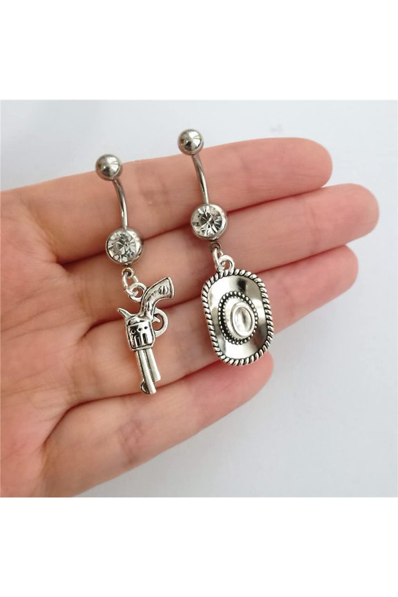 GHRTGR-2pc in Set Cute Gun and Cowboy Hat Belly Rings, Surgical Stainless Steel 14Gauge Navel Barbell Ring, Cool Piercing Body Jewelry for Man Woman
