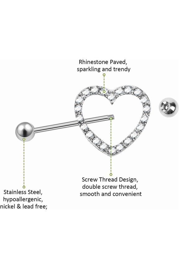 GHRTGR-2pcs Clear Gem Paved Heart Nipple Shield Ring 14GA 7/8" Length