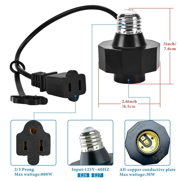 GHRTGR-3 in 1 Outlet Light Socket Adapter,E26/E27 Bulb Socket to 3 Prong Outlet with Extension Cord, Flexible Light Socket Converter Suitable for Indoor Outdoor Porch Garage Patio CCTV Camera Use (2)