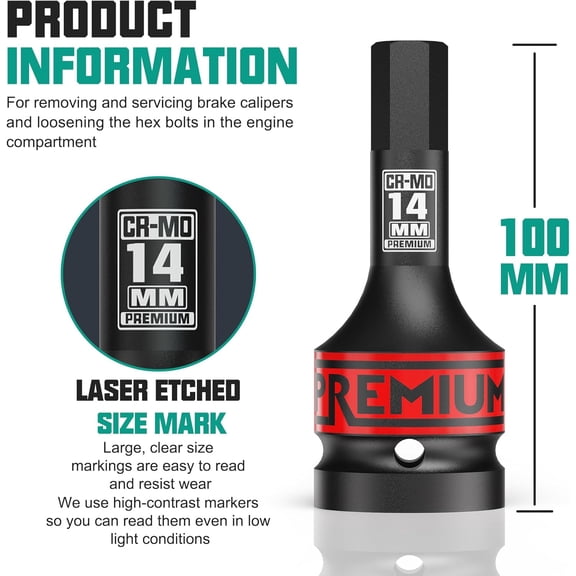 GHRTGR-3/4-Inch Drive H14 mm Hex Impact Socket, Metric, Premium Cr-Mo Steel, for Car Maintenance, Furniture Installation, Mechanic Use