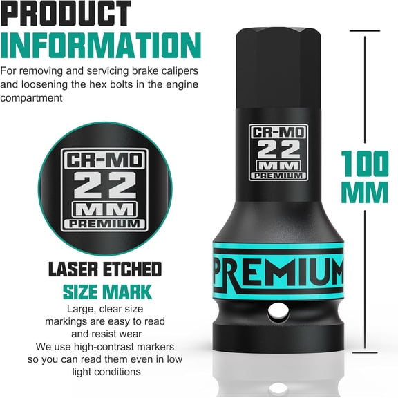 GHRTGR-3/4-Inch Drive H22 mm Hex Impact Socket, Metric, Premium Cr-Mo Steel, for Car Maintenance, Furniture Installation, Mechanic Use