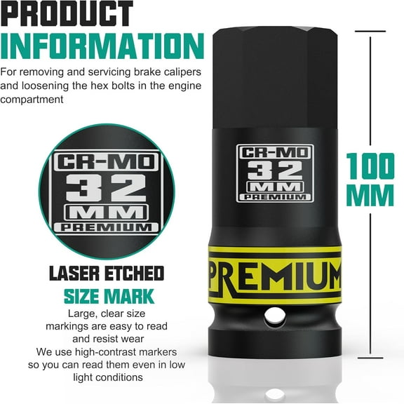 GHRTGR-3/4-Inch Drive H32 mm Hex Impact Socket, Metric, Premium Cr-Mo Steel, for Car Maintenance, Furniture Installation, Mechanic Use