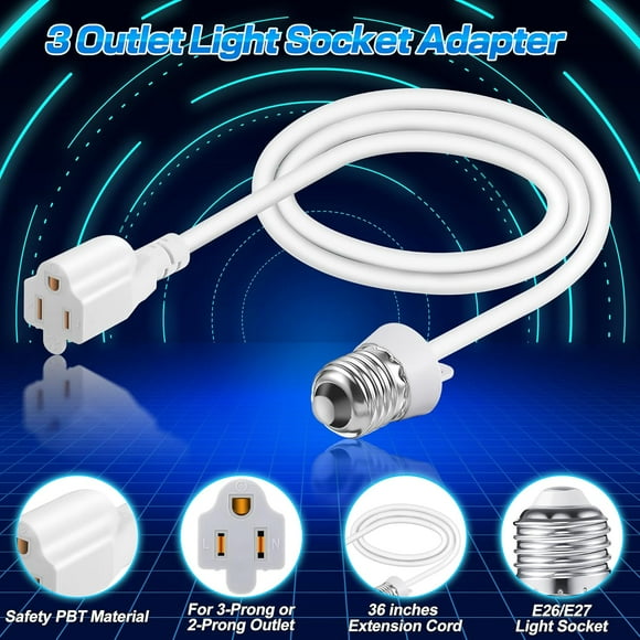GHRTGR-3 Outlet Light Socket Adapter, Convert E26/E27 Bulb Socket to 3 Prong Outlet with Extension Cord, Flexible Light Socket Converter Suitable for Indoor Outdoor Porch Garage Patio Use (White, 1 P